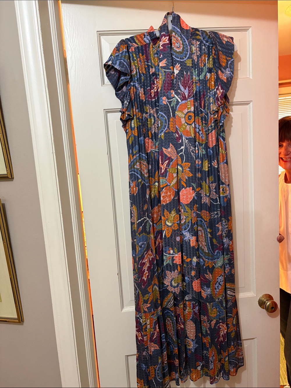 Marie Oliver Navy Floral Paisley Maxi Dress with Orange and Pink Accents